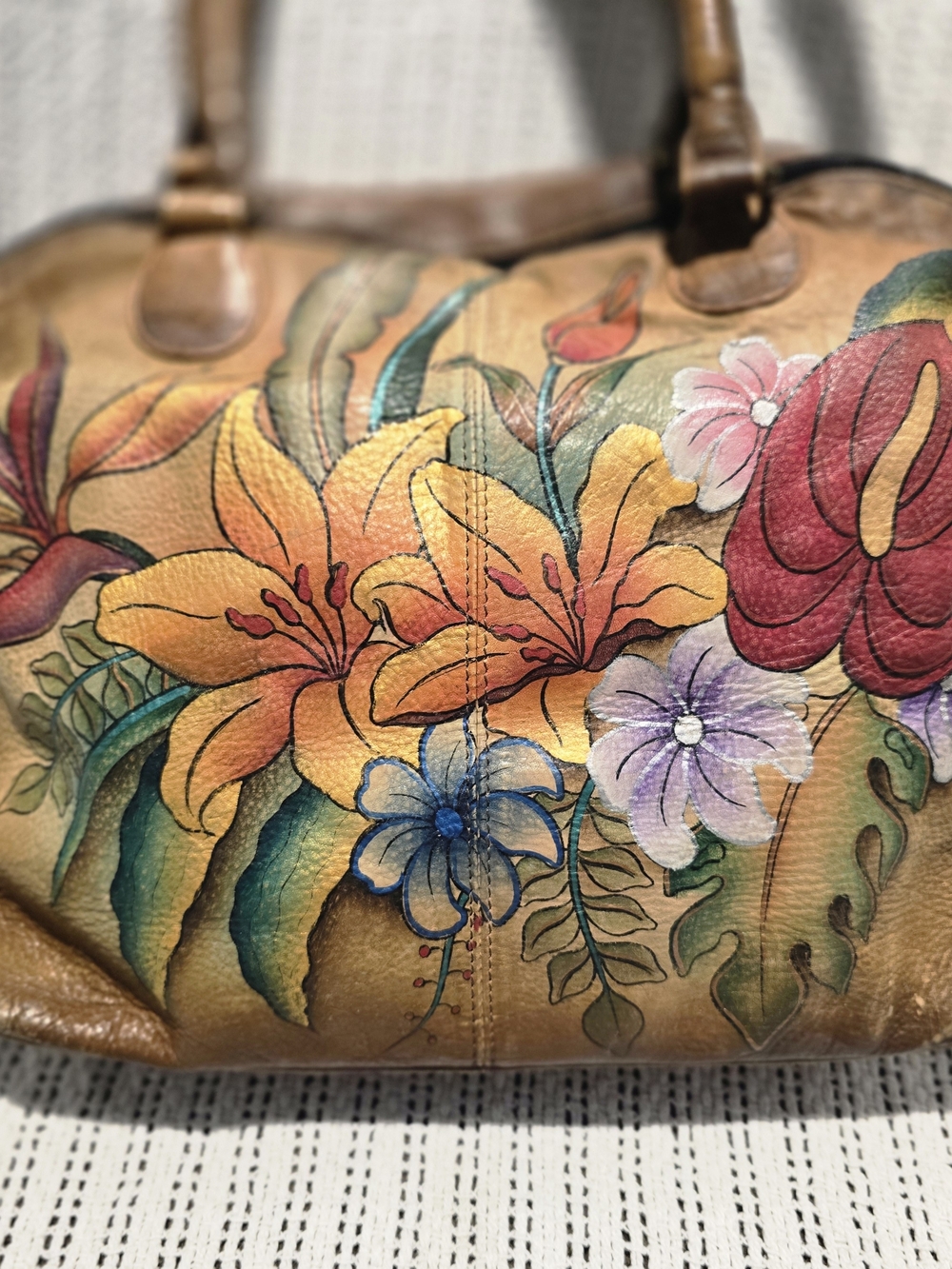 ANUSCHKA Hand-Painted Floral Leather Tote Bag - Brown